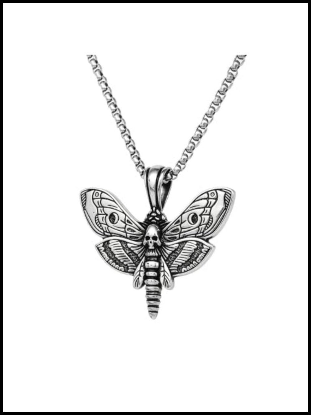 Stainless Steel Skull Moth Pendant Necklace 24" Box Chain Punk Biker